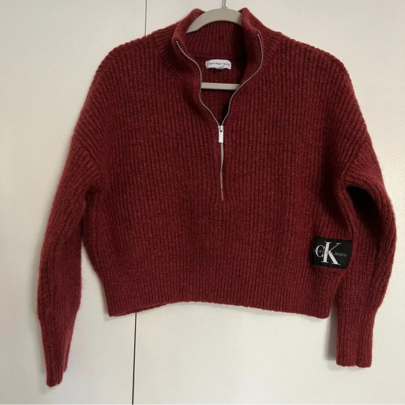 Calvin Klein Burgundy Half Zip Long Sleeve Crop Sweater Womens size small - Picture 1 of 11